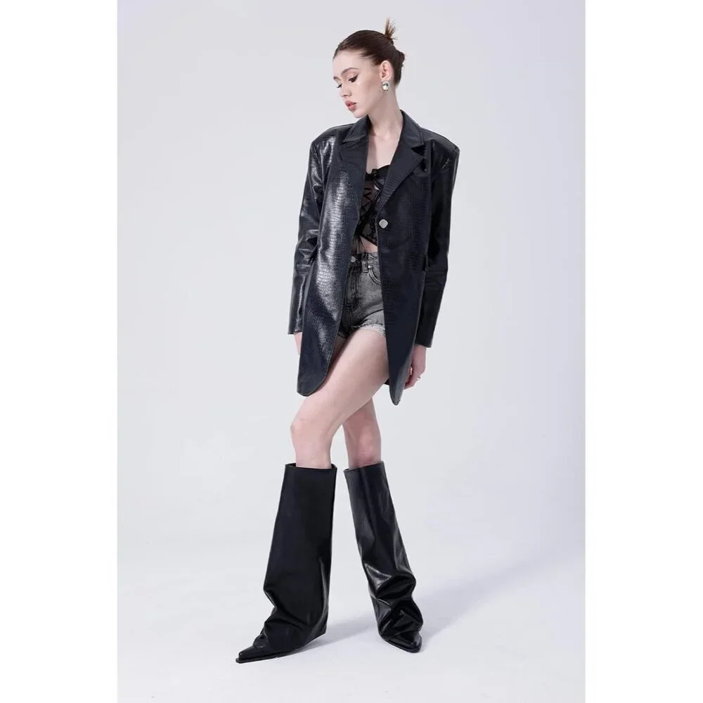 Women Black Wide Calf Slouchy Shark Pointed Toe  Fold Over Knee High Tall Boots